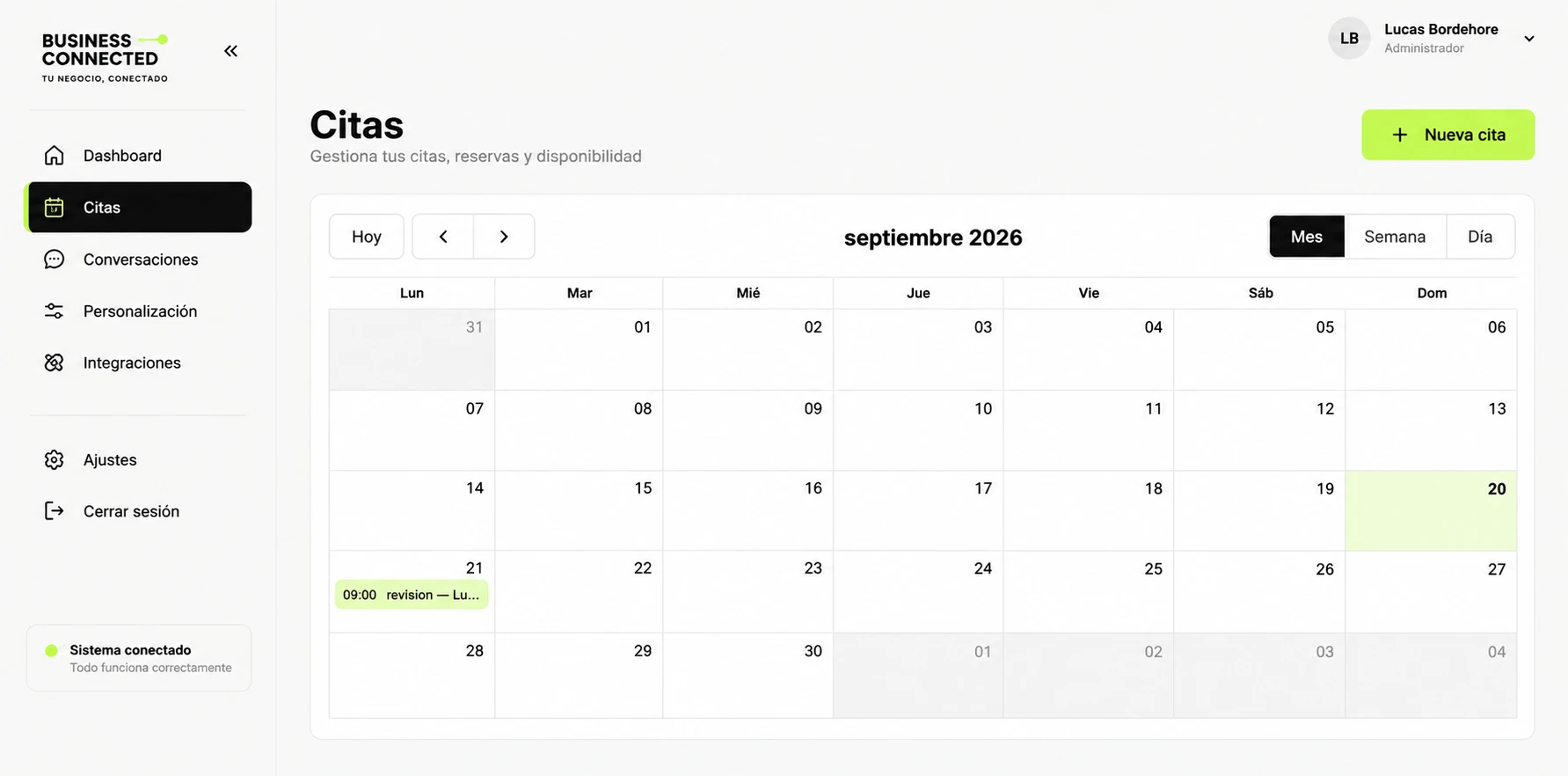 CRM de citas de Business Connected: calendario mensual con menú de Dashboard, Citas, Conversaciones, Personalización e Integraciones